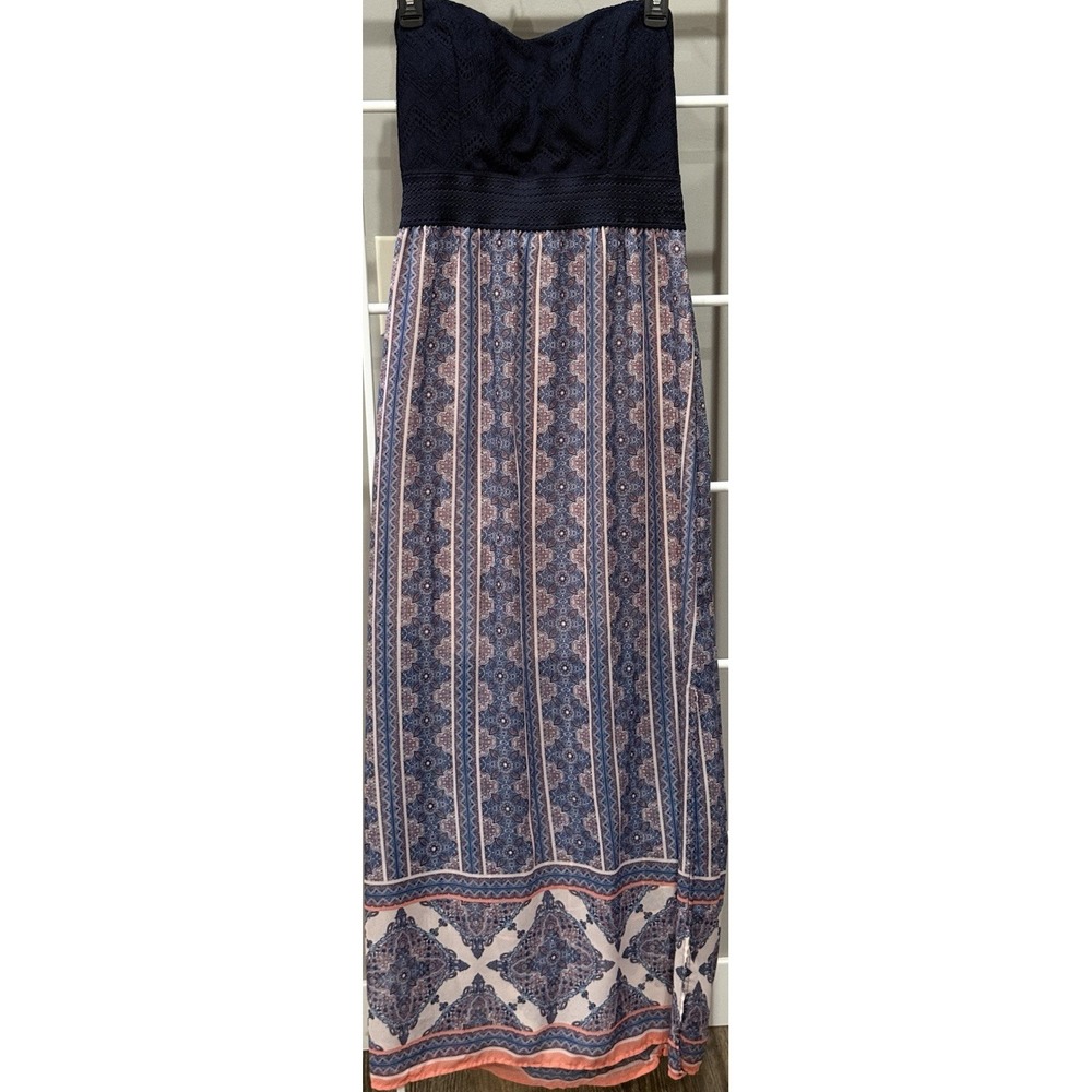 Maurices Boho Crochet Geometric Strapless Sweetheart Bow Maxi Dress Lined Knit L